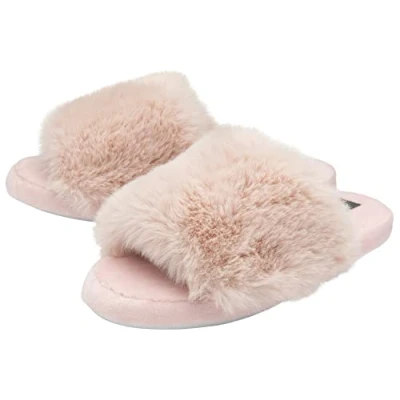 Image of Ladies Faux Fur Open Toe Slippers Dunlop Memory Foam Sliders House Home Slip On Mule (5 UK, Pink, numeric_5)