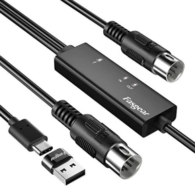 Image of Fasgear USB C MIDI Cable with Type to Adapter, 6ft In Out for Music Keyboard Piano PC Laptop, Interface Converter Windows, Android, Mac OS