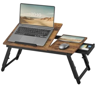 Image of SONGMICS Laptop Desk for Bed or Sofa with Adjustable Tilting Top, Breakfast Serving Tray Height Folding Legs, Fits Screen Size up to 15.6 Inches, Floor Desk, Rustic Brown LLD105B01