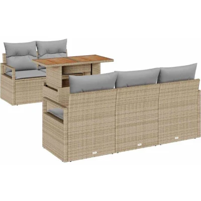 Image of vidaXL 6 Piece Garden Sofa Set with Cushions Beige Poly Rattan Acacia