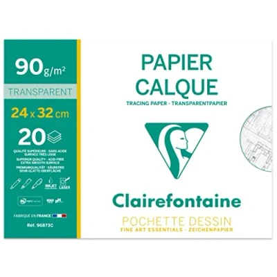 Image of Clairefontaine Ref 96873C Tracing Paper (20 Sheets) 24x32cm Sized, 90/95g, High Transparency, Smooth Surface, Acid Free, Printable Suitable for Ink, Marker &amp; Pencil