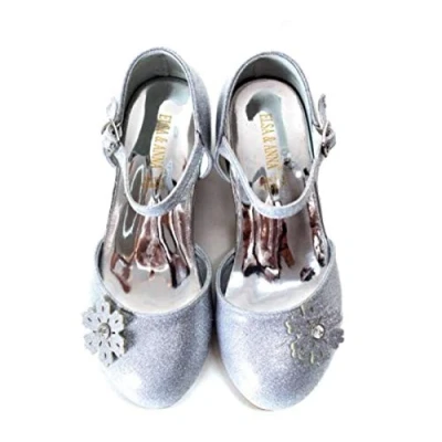 Image of Elsa &amp; ANNA Girls Snow Queen Princess Fancy Dress Up Party Shoes 3cm Heel for Parties Birthdays, Cosplay High Heels​​ (SHOES2) (Silver, 10 Child UK)