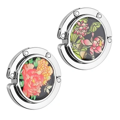 Image of kwmobile Purse Hooks for Table Set of 2 Portable Handbag Hook Foldable Bag Holder Hangers Tables with Design Floral Pink/Yellow/Green