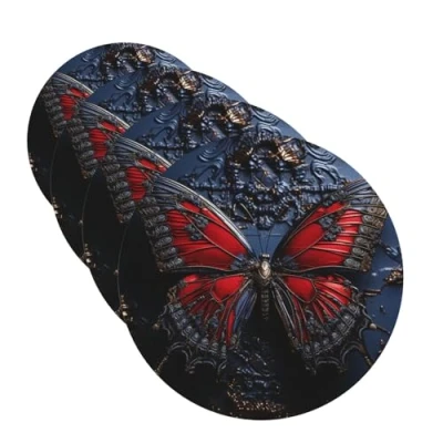 Image of Red Butterfly Coasters for Drinks Set of 4 Non slip Leather Coaster Heat Resistant Drink Tabletop Protection Absorbent Cup Mat Coffee Table Decor Round Shape