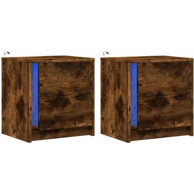 Image of vidaXL Bedside Cabinets/LED Lights Smoked Oak 2 pcs Nightstands, Engineered Wood Bed Tables, RGB Customizable Ambience, Ample Drawer Storage, Bedroom/Living Room Furniture 38x34x50 cm