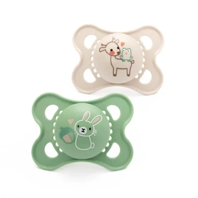 Image of MAM Original Pure Soother 2 6 Months (Set of 2), Baby Made from Sustainable and Bio Renewable Material, SkinSoft Silicone Teat, with Case, Cream/Green