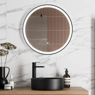 Image of BAYSTONE® 600 x 600mm Bathroom Mirror with LED Lights Wall Mounted Demister Illuminated Mirrors for Bathrooms, Mains Powered, Matt Black, Touch Sensor