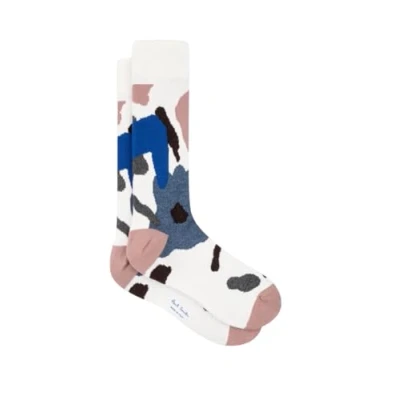 Image of Paul Smith White Dan Abstract Socks Pink Blue. One Size