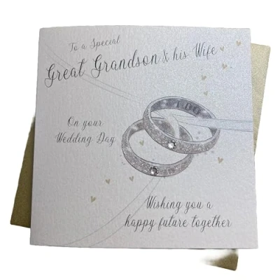 Image of WHITE COTTON CARDS GREAT GRANDSON &amp; WIFE RINGS WEDDING CARD, HAND FINISHED (D370)