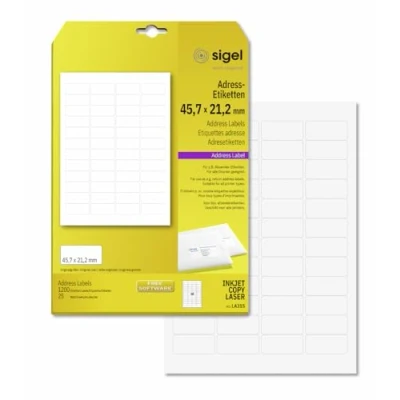 Image of SIGEL LA315 Universal Address Labels, 4.57 x 2.12 cm, 1200 lbl equal to 25 sheets, White