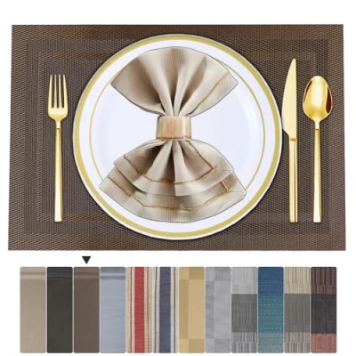 Image of ARTAND Placemats Brown Table Mats Set of 4 Woven Vinyl Place for Dinner Washable &amp; Durable Indoor/Outdoor Use Accessories Pcs,01