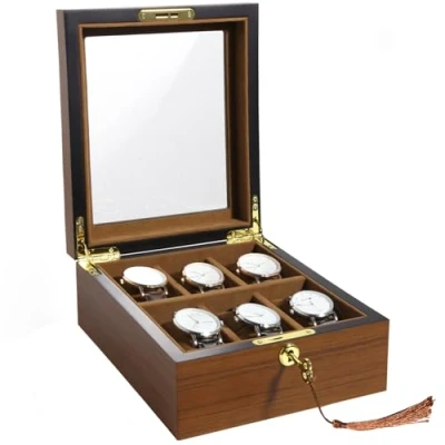 Image of Uten Watch Box with 6 Slots, Case Golden Lock and Key, Wood Display Storage Removable Cushions, Velvet Lining, Metal Clasp, Luxury Gift for Men Women