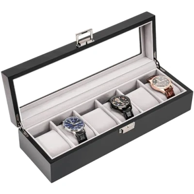 Image of ProCase Wooden Watch Box for Men, 6 Slot Display Case Mens Organizer, Wood Men Storage, Holder Organizer with Glass Lid Slot, MatteBlack