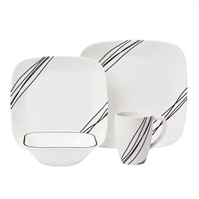 Image of Corelle 1088188 16 Piece Vitrelle Glass Simple Sketch Chip and Break Resistant Dinner Set, Service for 4, Black