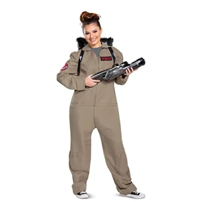 Image of DISGUISE Adult Deluxe, Official Ghostbusters Afterlife Movie Costume Jumpsuit with Inflatable Proton Pack, Multicolored, Extra Large (50 52)