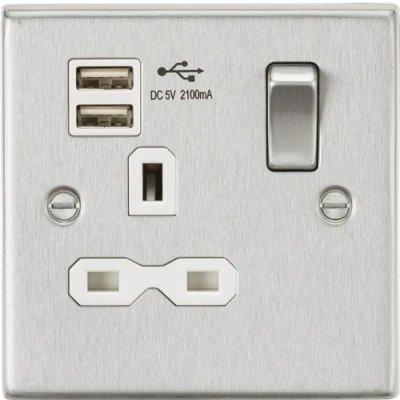 Image of KnightsBridge 13A 1G Switched Socket Dual USB Charger (2.1A) with White Insert Square Edge Brushed Chrome