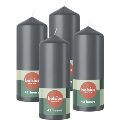 Image of Bolsius Pillar Candles Anthracite 4 Pack 15 x 6 cm Decorative Household Long Burning Time of 42 Hours Unscented Includes Natural Vegan Wax Without Palm Oil