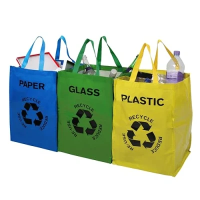 Image of Premier Housewares Recycling Bags / Bin Plastic Glass Paper with Handles Multicoloured Set of 3