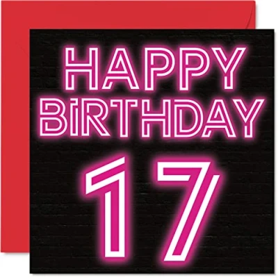 Image of Fun 17th Birthday Cards for Boys Girls Neon Glow Happy Card Son Daughter Brother Sister Grandson Granddaughter Niece Nephew, 145mm x Greeting Cards,