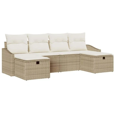 Image of vidaXL 6 Piece Garden Sofa Set with Cushions Beige Poly Rattan
