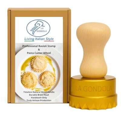 Image of La Gondola Homemade Ravioli Stamp Round Festooned 65mm Italian Pasta Making Tool for Home and Business Brass &amp; Natural Wood Sturdy Easy to Use Cutter Made in Italy