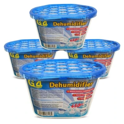Image of G4GADGET Pack of 4 Dehumidifiers 450ml Moisture Absorbers for Home, Kitchen, Bathroom, Bedroom, Caravan, Office, and Wardrobe Damp, Mould &amp; Condensation Remover, Blue White