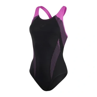 Image of Speedo Women&#039;s Plastisol Laneback Swimsuit, Black/Neon Orchid, XL