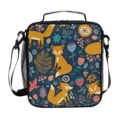 Image of Girls Fox Lunch Bags Floral Navy Large Insulated Box Tote Bag Cold Thermal Freezable Shoulder Strap for Kids Teen School Work
