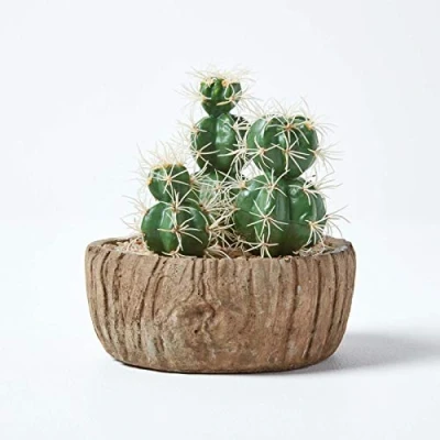 Image of HOMESCAPES Lifelike Aritifical Cactus Arrangement In Decorative Wood Effect Pot Faux Succulent Decoration For Home Or Office, Measures 15cm Tall