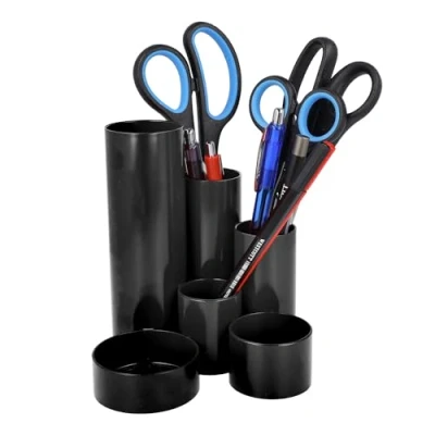 Image of Westcott pen holder black with 6 round compartments as desk organiser clear storage of pens and office accessories E 744577 00