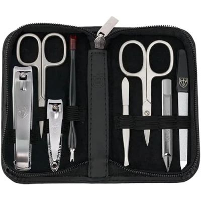 Image of 3 Swords Germany brand quality 8 piece manicure pedicure grooming kit set for professional finger &amp; toe nail care scissors clipper genuine leather case black in gift box Made by