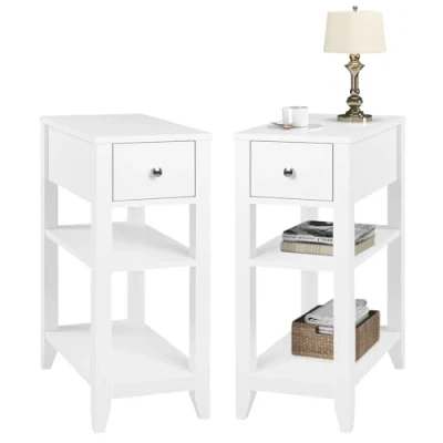 Image of WOLTU Set of 2 Slim Bedside Tables with 1 Drawer &amp; Open Shelves, Tall and Narrow Cabinet, 45x28x66cm, White Nightstand Modern Design, End Table Side Coffee Table, NTS02ws