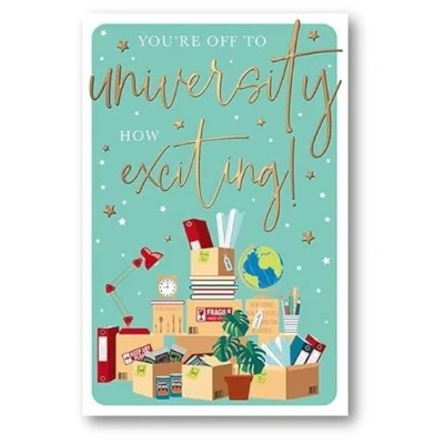 Image of Words &#039;n&#039; Wishes Male/Female &#039;Off to University&#039; Card for Boys/Girls Moving Boxes Embossed with Foil Details Eco Friendly Made in Great Britain