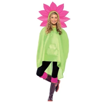 Image of Smiffys Flower Party Poncho, Green with Drawstring Bag, Poncho Fancy Dress, Adult Dress Up Costumes