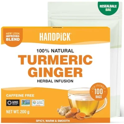 Image of HANDPICK, Turmeric Ginger Tea Bags (100 Herbal Bags) Caffeine Free, Gluten Free Made from 100% Pure &amp; Root Curcumin Rich Packed in Eco Friendly
