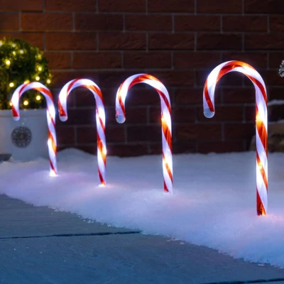 Image of CHRISTOW Candy Cane Christmas Lights, Outdoor Path Stake Decorations, Flashing LED, Mains Powered, Set of 4 x 26cm (Red &amp; White)