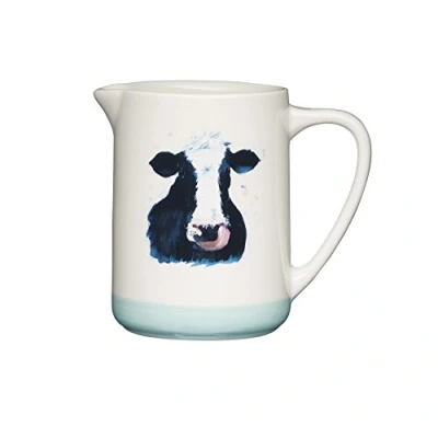 Image of KitchenCraft AFJUG500 Apple Farm Hand Finished Ceramic &#039;Cora Cow&#039; Milk Jug, 500 ml (17.5 fl oz) Cream / Green 8.5 x 13.5 11.8 cm