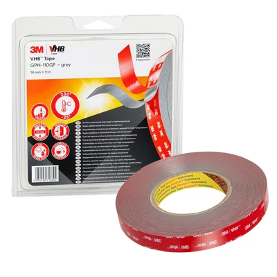 Image of VHB 3M GPH 110GF Double Sided Adhesive Tape Designed to create durable and reliable bonds for high temperatures multi material bonding 19mm x 11m, Thickness 1.1mm, Grey (1 Roll)