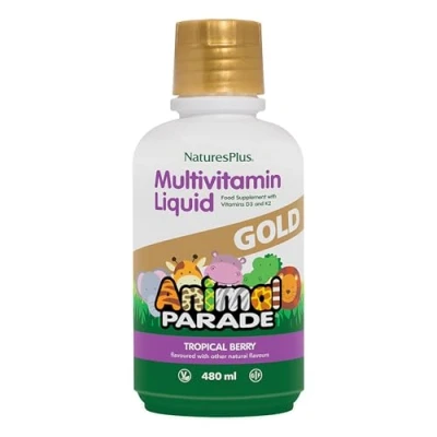 Image of NaturesPlus Animal Parade Gold Liquid Multivitamin Plant Based Kids&#039; Vitamin and Mineral Complex, Natural Tropical Berry Flavour Gluten Free, Vegetarian 480ml