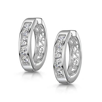 Image of Amberta Women&#039;s 925 Sterling Silver Cubic Zirconia Hoop Earrings: Openwork Pave Hoops