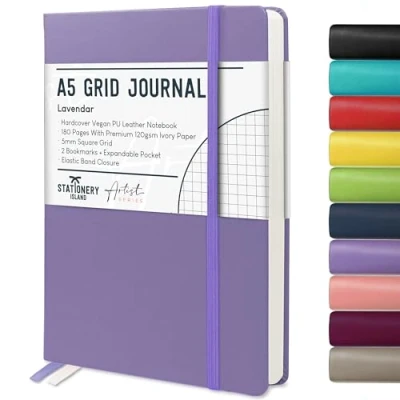 Image of STATIONERY ISLAND A5 Squared Notebook, Graph Paper Note book with 120gsm Premium Thick Paper, 180 Pages Hardback Grid Journal for Writing, Working, Study, Lavendar