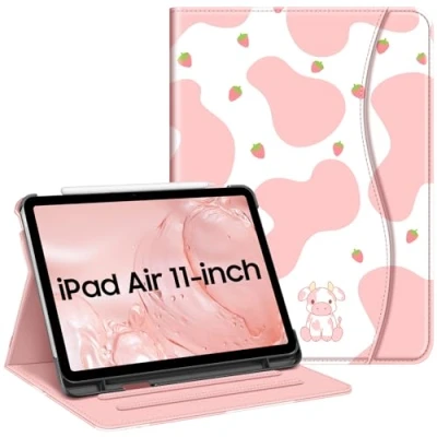 Image of Fintie Case for iPad Air 11 Inch M2 (2024), 5th Generation (2022) / 4th Gen 10.9 Inch, Multi Angle Viewing Folio Stand Protective with Document Slots (Z Strawberry Cow)