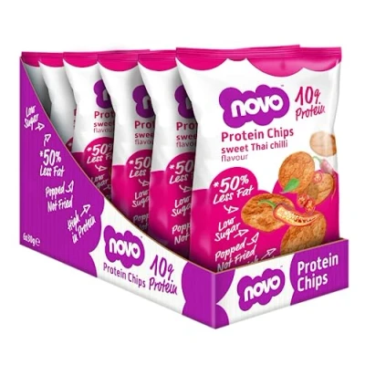 Image of Novo Nutrition Protein Chips High Savoury Snack Fibre, Low Sugar &amp; Fat Convenient Tasty Healthy Pack of 6 x 30g (Sweet Thai Chilli)