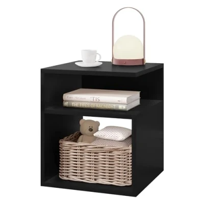 Image of EUGAD Bedside Table Nightstand Modern Cabinet with 2 Open Compartments, Coffee for Living Room Side Storage, Small Bookcase Black Sofa Table, 35x35x41cm