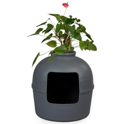 Image of RHRQuality Cat Litter Tray &quot;Flower&quot; with hood XXL Invisible Lid 51 Diameter x 55 cm (Grey)
