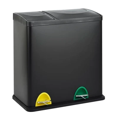Image of EVRE Recycling Bin, Rectangular 2 Compartment Section 36L Waste Seperation Sortation System with Non Slip Base, Odour Seal, Removable Inner Compartments and Colour Coded (Black)