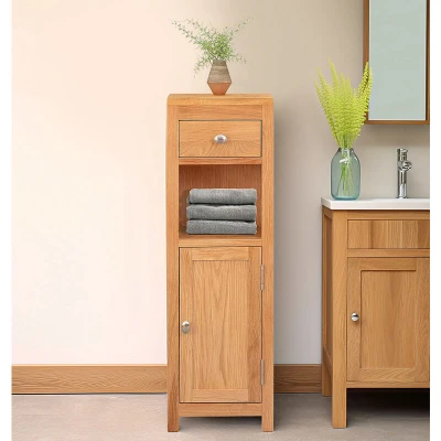 Image of Hallowood Furniture Waverly Oak Bathroom Cabinet, Light Storage Unit with Shelf &amp; Drawer, Solid Wooden Display Cabinet Small Cupboard, Hallway