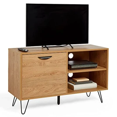 Image of VonHaus TV Units For Living Room Oak Wood Effect Stand Cabinet TV&#039;s up to 55&quot; Entertainment Unit with Storage Cupboard, Shelves &amp; Hairpin Legs 35kg Capacity Lounge Capri