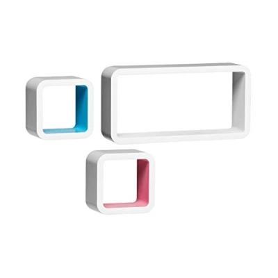 Image of Premier Housewares Wall Cubes White/Pink/Blue, Set of 3, H22 x W43 D10 cm