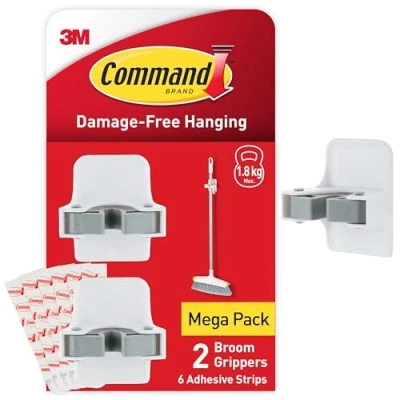 Image of Command Broom Gripper, 2 Holders and 6 Adhesive Strips Suitable for Storing Brooms Mops Damage Free Hanging
